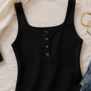 Black Ribbed Button-Front Tank Top