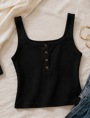 Black Ribbed Button-Front Tank Top