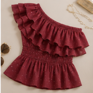 Burgundy One-Shoulder Ruffle Top