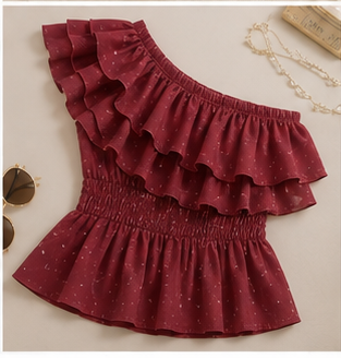 Burgundy One-Shoulder Ruffle Top