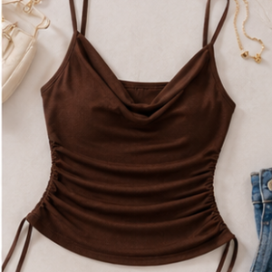 Chocolate Brown Ruched Cowl Neck Tank Top