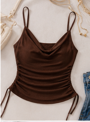 Chocolate Brown Ruched Cowl Neck Tank Top