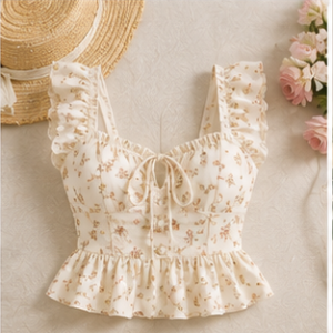 Cream Floral Tie-Front Peplum Top