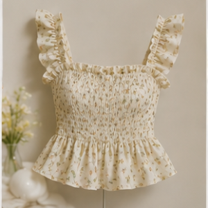 Cream Smocked Ruffle Strap Top