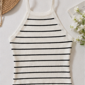 Cream and Black Striped Halter Tank Top