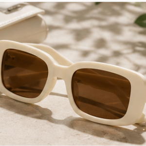 Cream Thick-Frame Rectangular Sunglasses