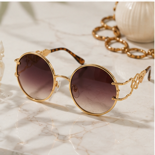 Gold Round Sunglasses with Chain Detailing