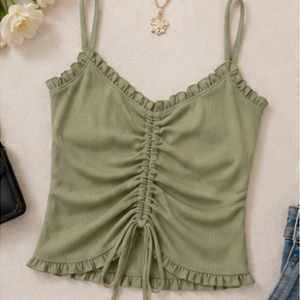 Olive Green Ruched Tie-Front Tank Top