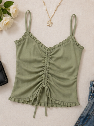 Olive Green Ruched Tie-Front Tank Top