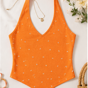 Orange Printed Halter Neck Tank Top