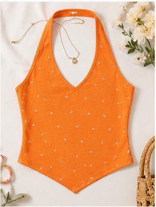 Orange Printed Halter Neck Tank Top