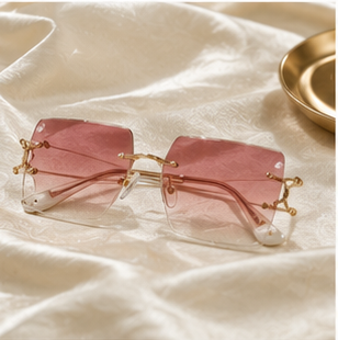 Pink Rimless Rectangular Sunglasses