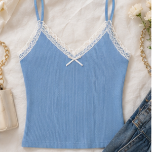 Powder Blue Lace-Trim Ribbed Tank Top