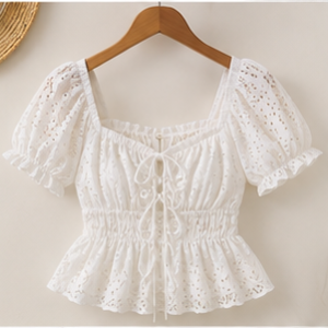 White Eyelet Puff Sleeve Peplum Top