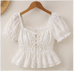 White Eyelet Puff Sleeve Peplum Top