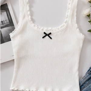 White Ribbed Bow Detail Tank Top
